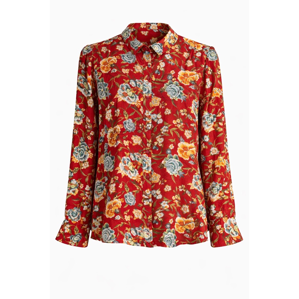 LOFT Blouse Womens Large Red Floral Button Front Long Sleeve Lightweight Top